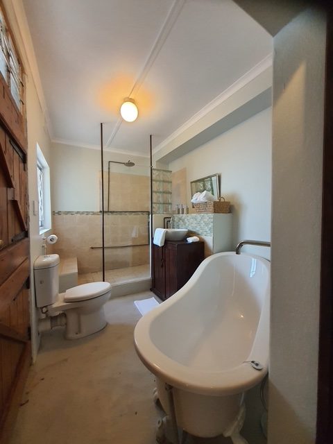 The guest bathroom in full, from walk-in shower to freestanding bath